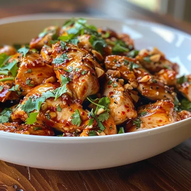Close-up of sweet chili chicken served over rice, garnished with sliced red chili peppers and green onions.
