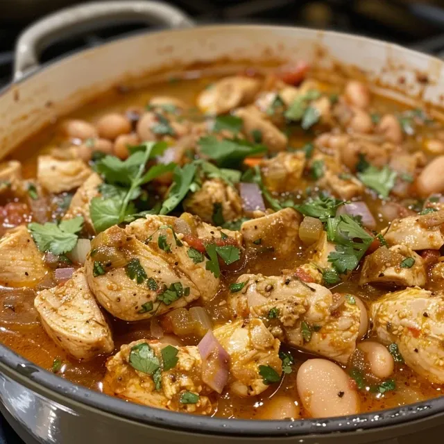 Creamy white chicken chili topped with jalapeños, cilantro, and lime.