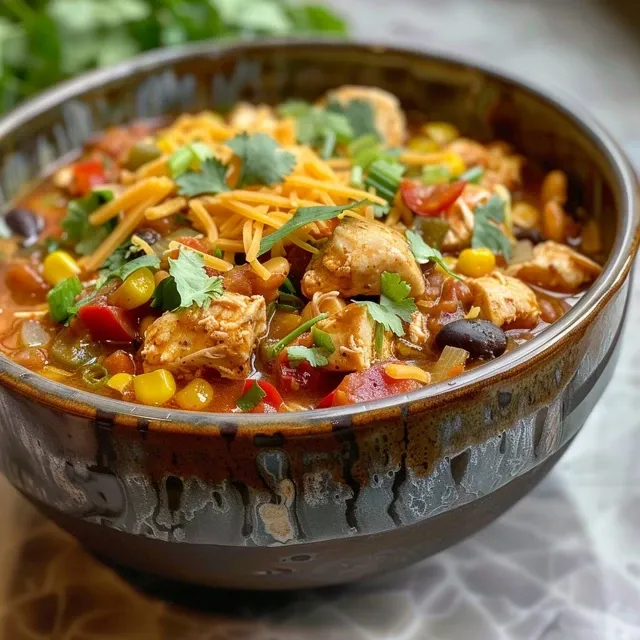 Close-up of creamy crack chicken chili in a slow cooker, garnished with cilantro and a wooden spoon.