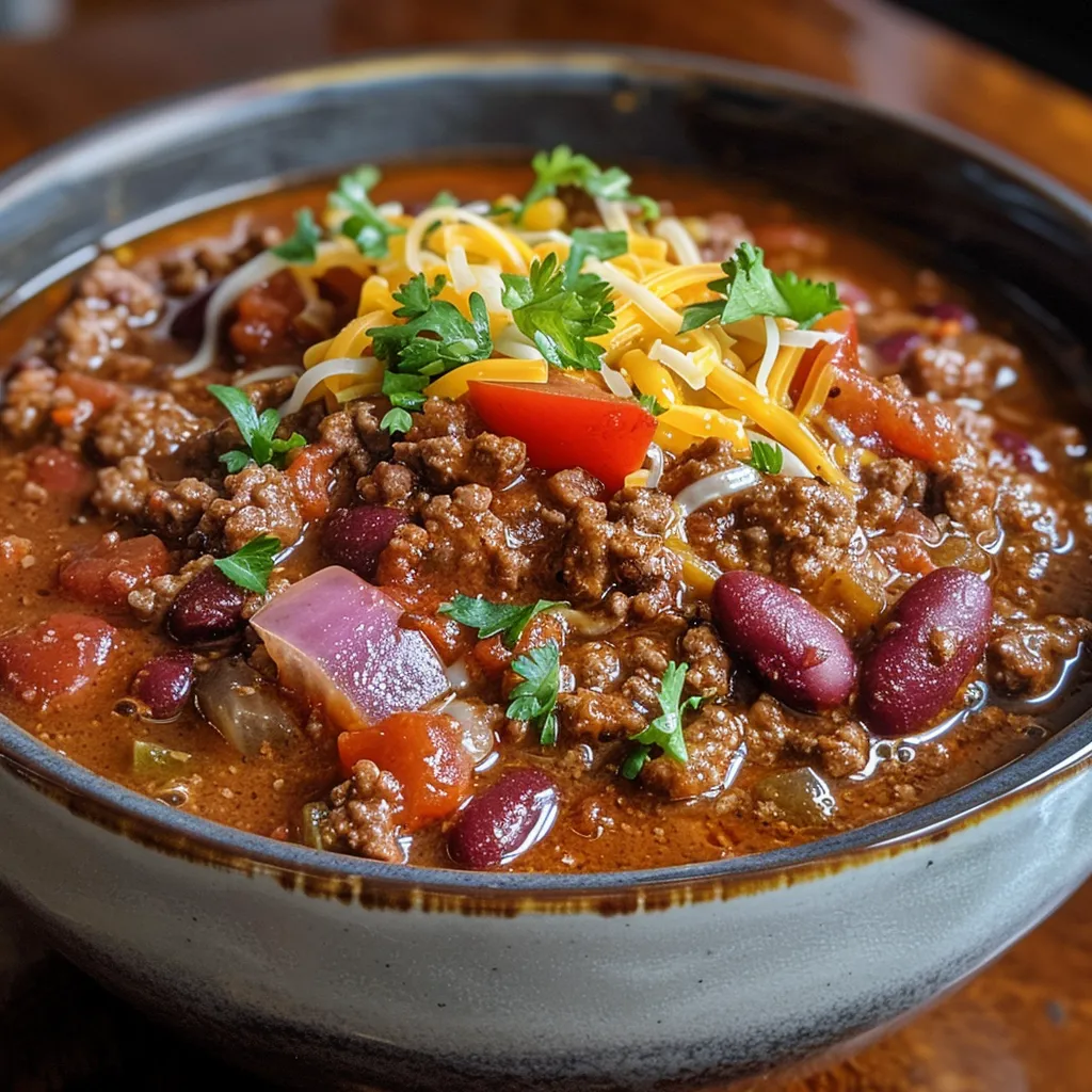 A bowl of hearty beef chili, garnished with parsley.