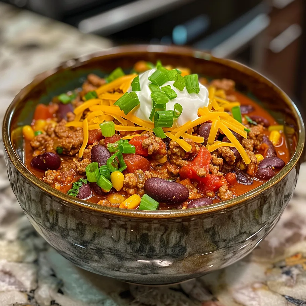 A hearty bowl of beef chili, topped with fresh parsley, featuring beans and vegetables.