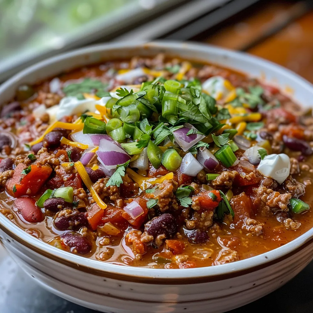 A bowl of hearty beef chili topped with sour cream, shredded cheese, cilantro, and lime wedges.