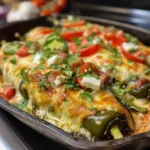 Three cheesy hatch chile rellenos served on a white plate with a red sauce.