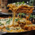 A plate of delicious chilaquiles topped with cheese, cilantro, and green peppers.