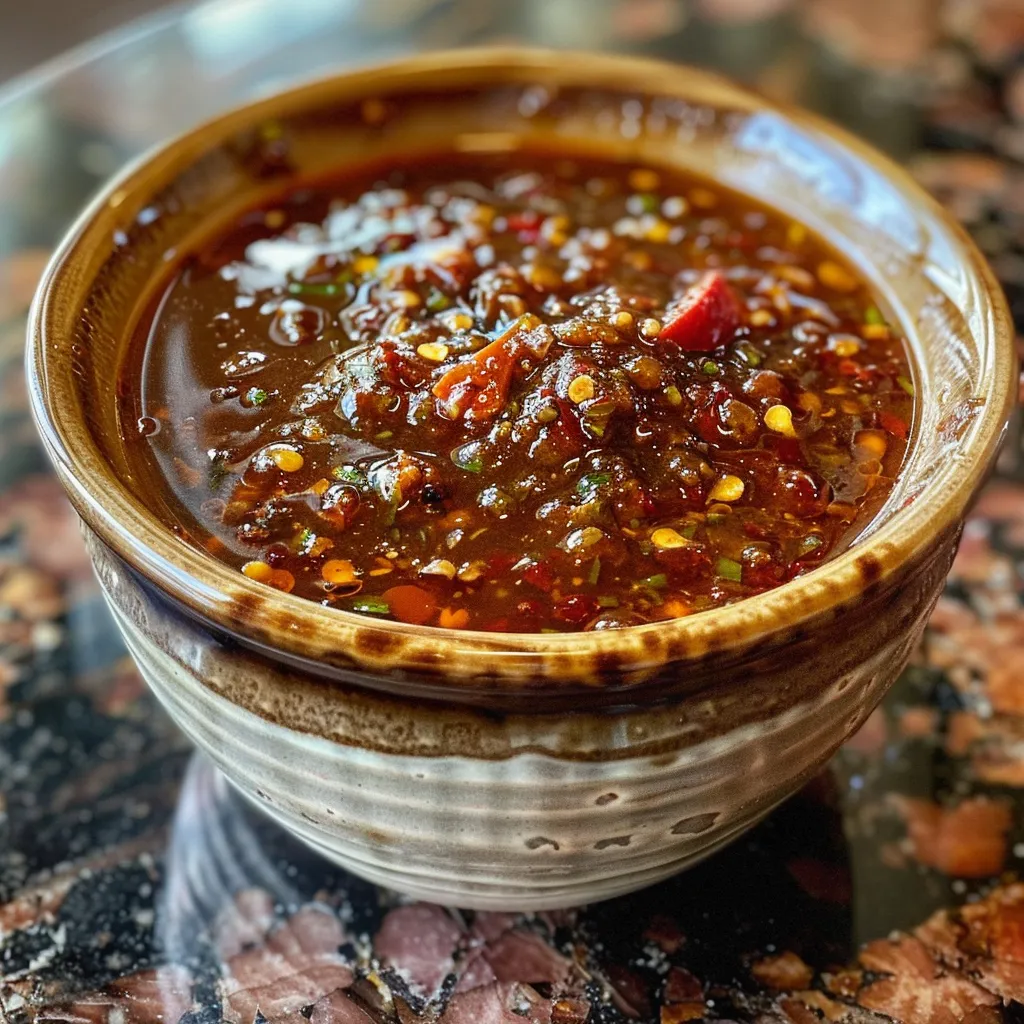 Homemade chili garlic sauce in a glass jar, with a spoon lifting some of the sauce.