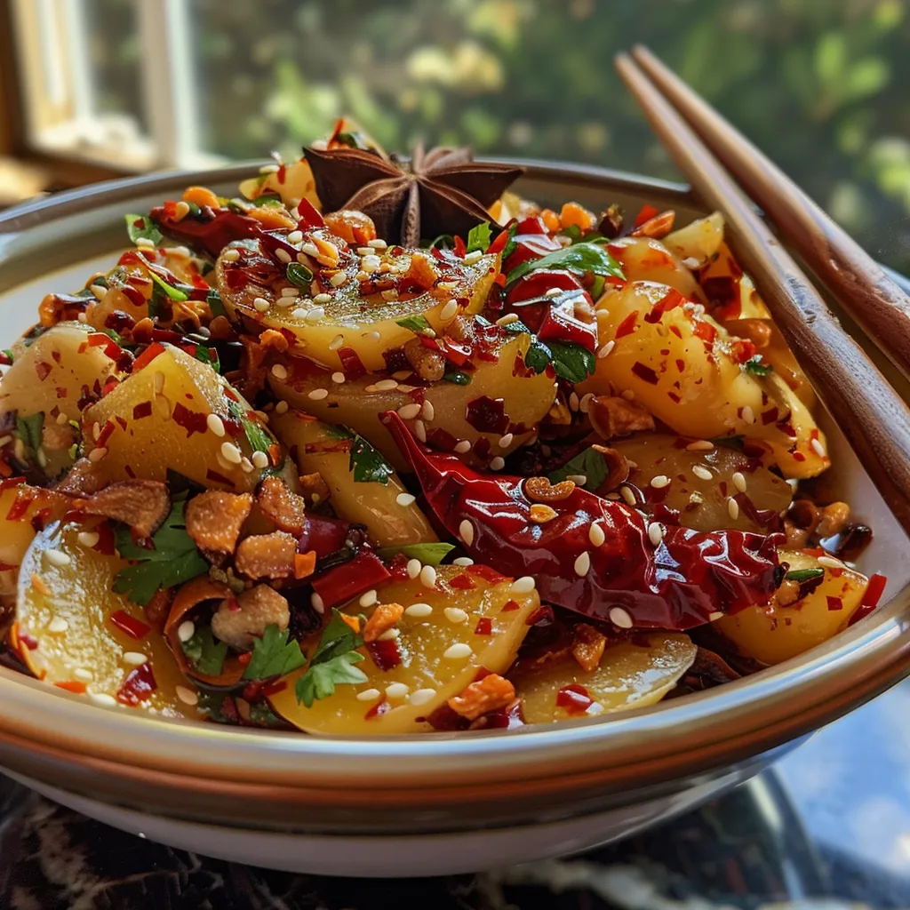A glass jar of chili oil with a wooden spoon inside.