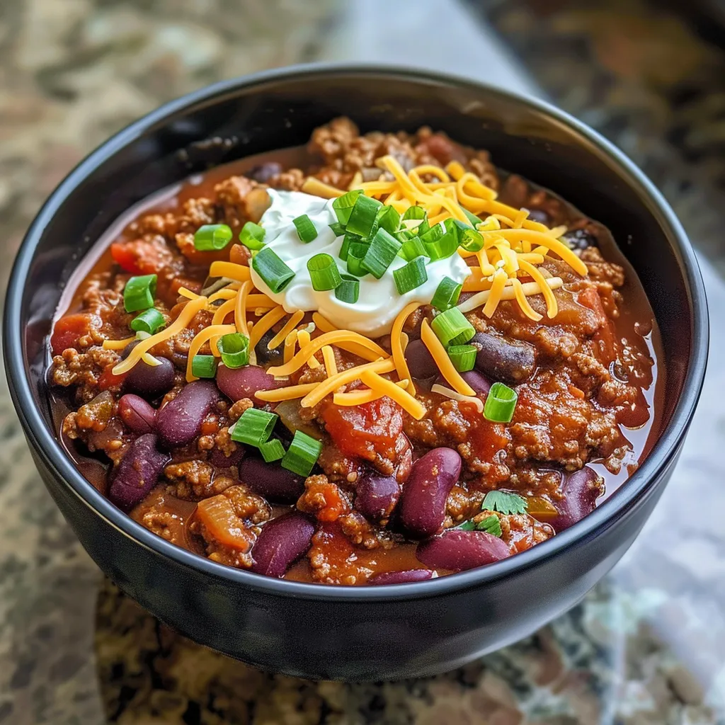 A close-up of hearty chili simmering in a slow cooker, garnished with fresh herbs.