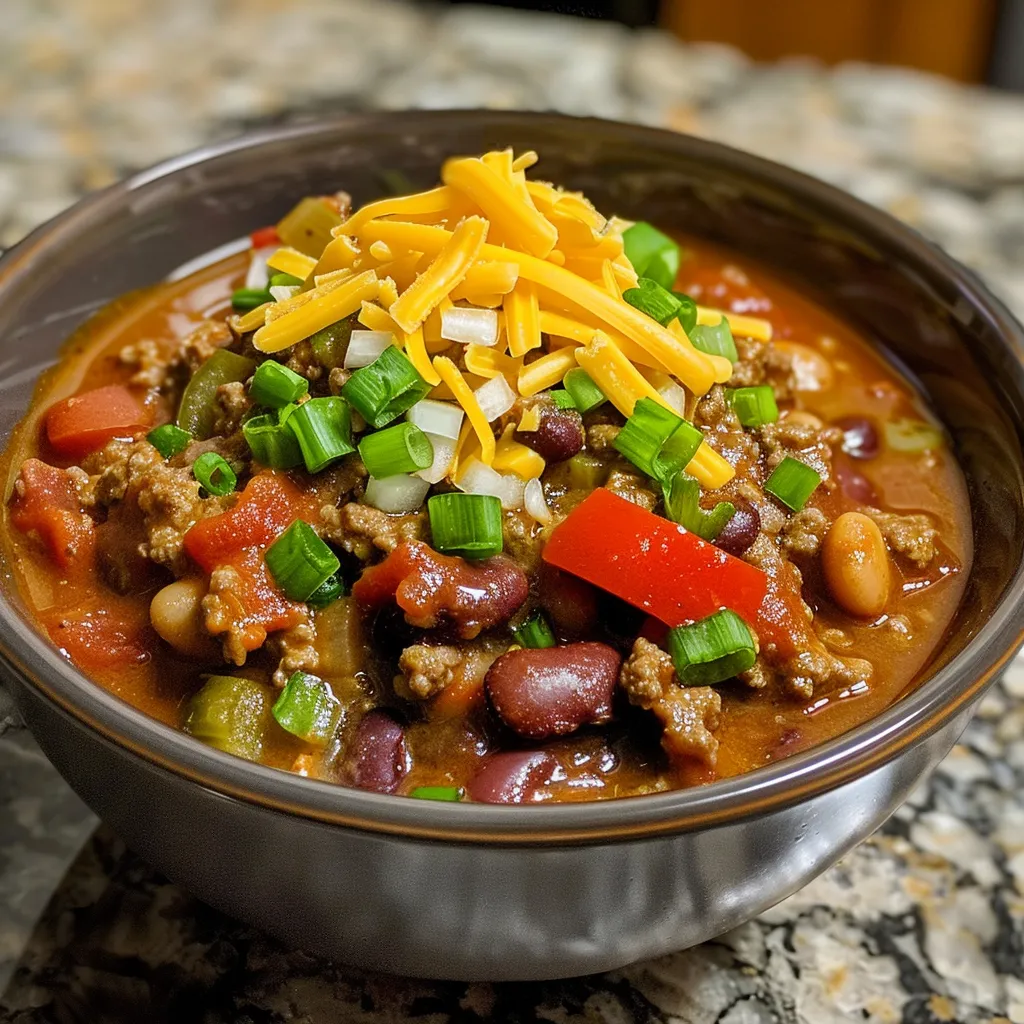 A bowl of chili topped with shredded cheese, tortilla chips, and green onions.