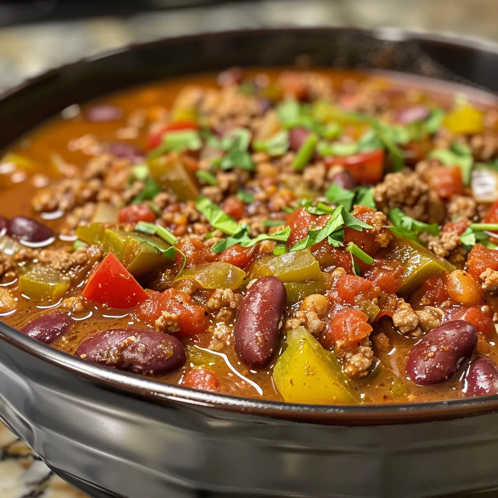 Close-up view of a pot of hearty chili, rich with ground beef, kidney beans, and colorful bell peppers.