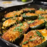 Crispy fried chili rellenos with gooey cheese, zesty sauce, and a side of rice.