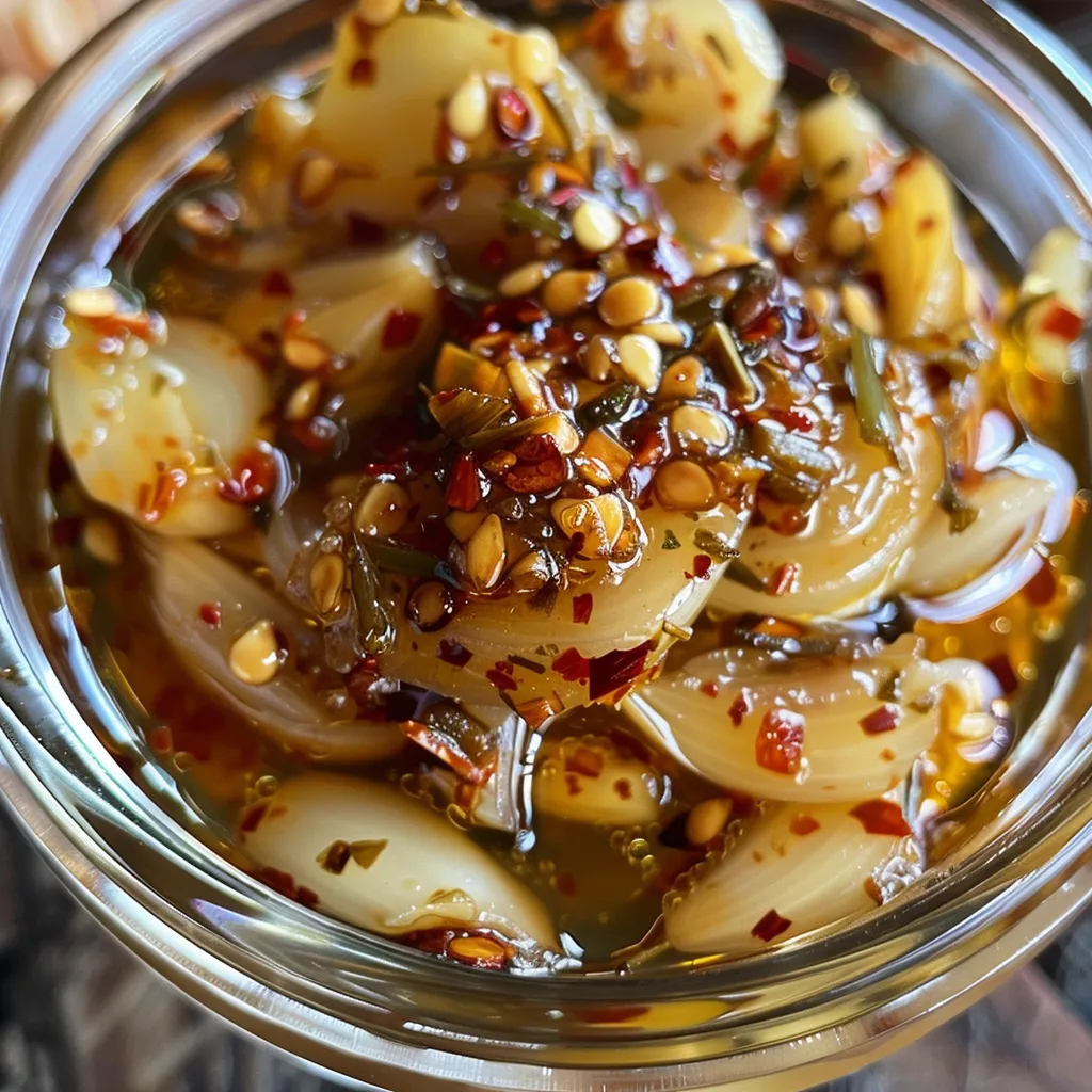 A spoonful of crispy garlic chili oil is lifted from a glass jar.
