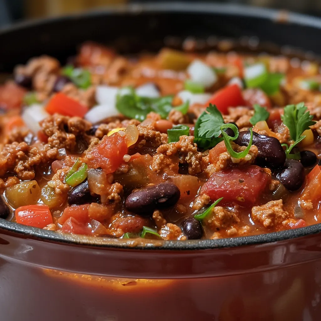 A close-up overhead shot of a bowl of hearty chili, garnished with fresh cilantro.
