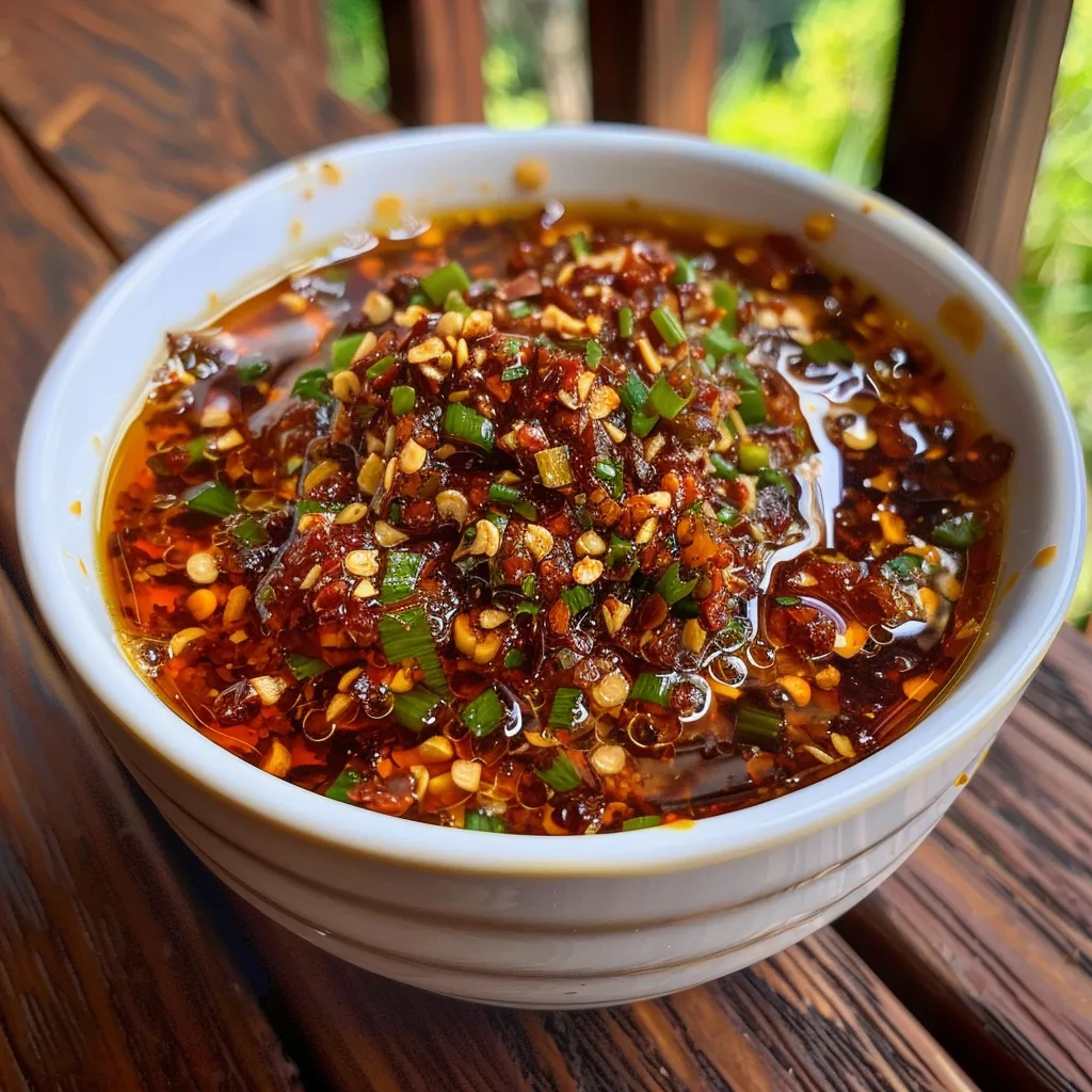 Close-up of a small glass jar filled with homemade 3-ingredient garlic chili oil.
