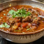 A delicious-looking skillet of ground beef chili topped with sour cream and cilantro.