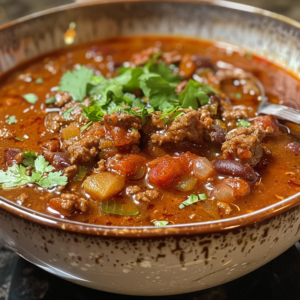 A delicious-looking skillet of ground beef chili topped with sour cream and cilantro.