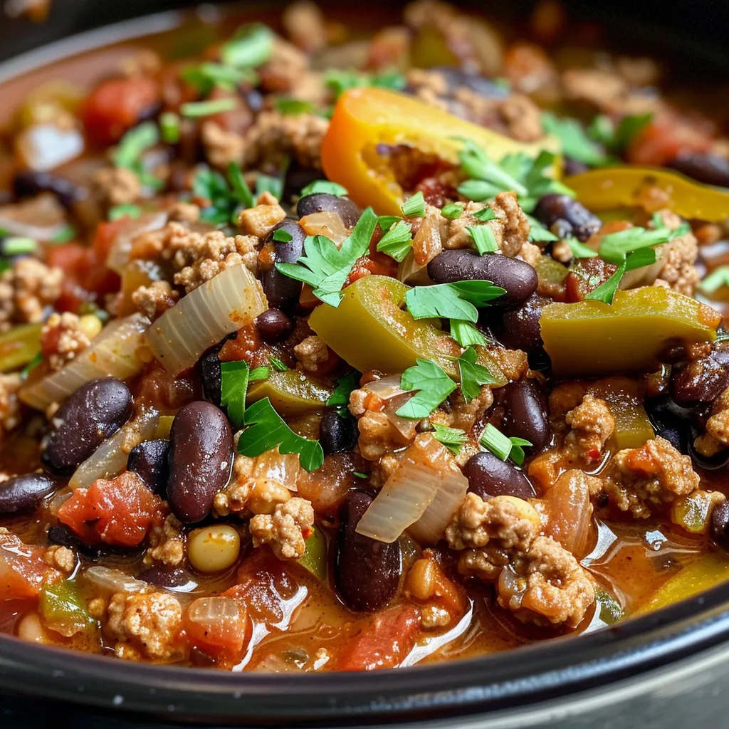 A bowl of healthy chili topped with sour cream, shredded cheese, and parsley.