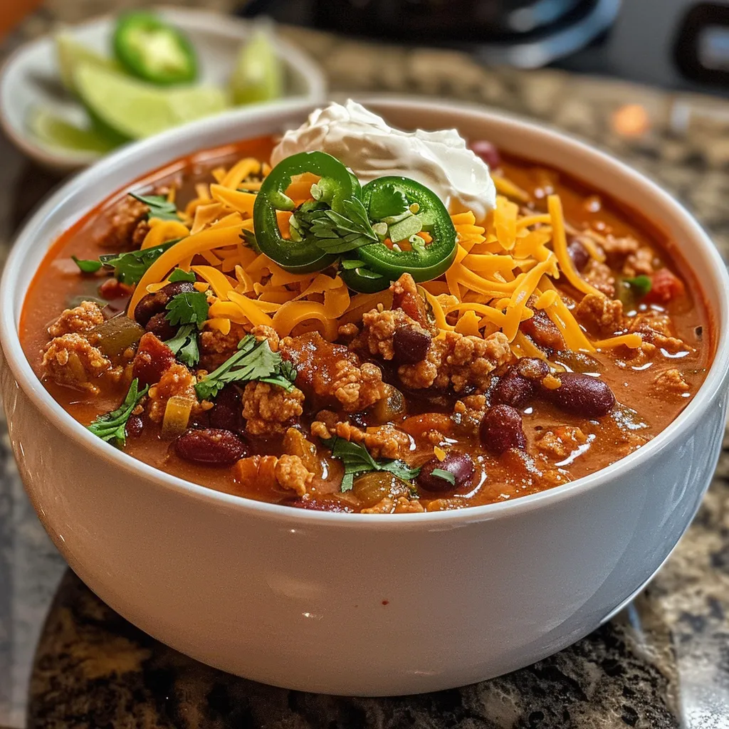A bowl of healthy turkey chili topped with shredded cheese, sour cream, green onions, and jalapeños, served with cornbread.