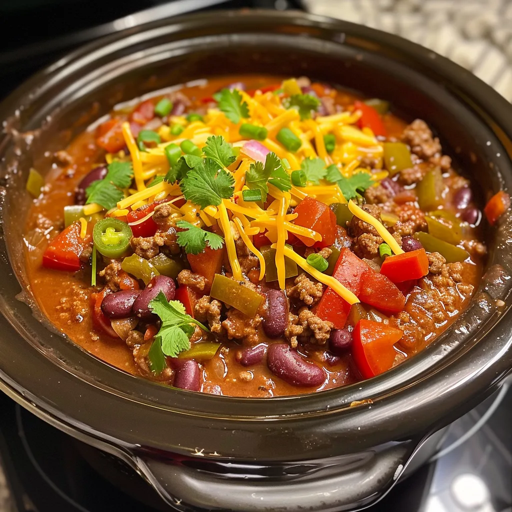 A bowl of hearty, slow-cooked chili topped with sour cream, shredded cheese, and green onions.