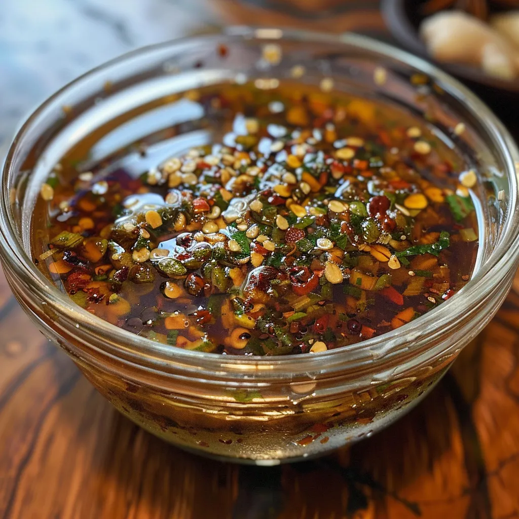 Two glass jars of homemade chili oil, one with a wooden spoon inside.