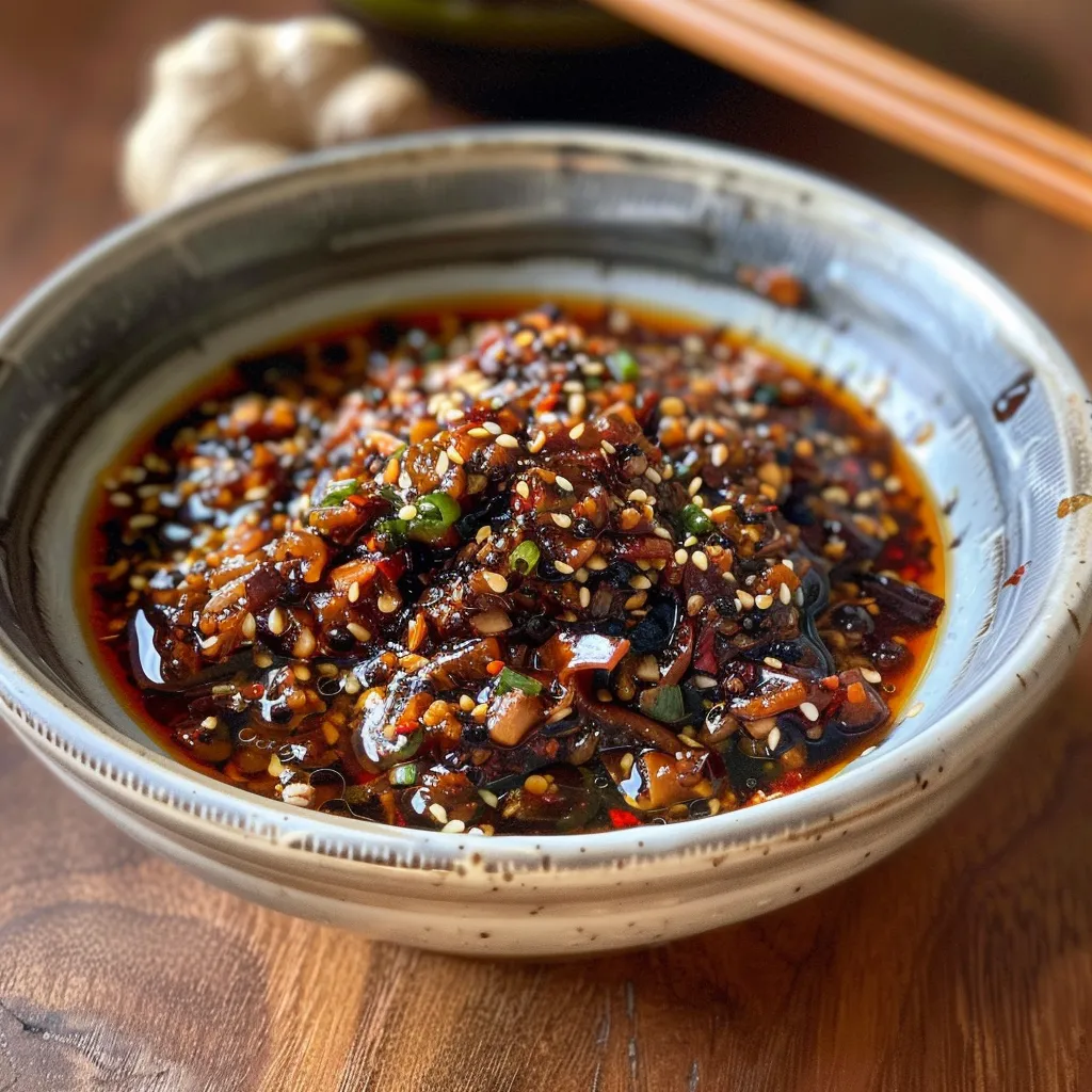 Close-up of a glass jar filled with homemade chili oil, a spoon resting inside.