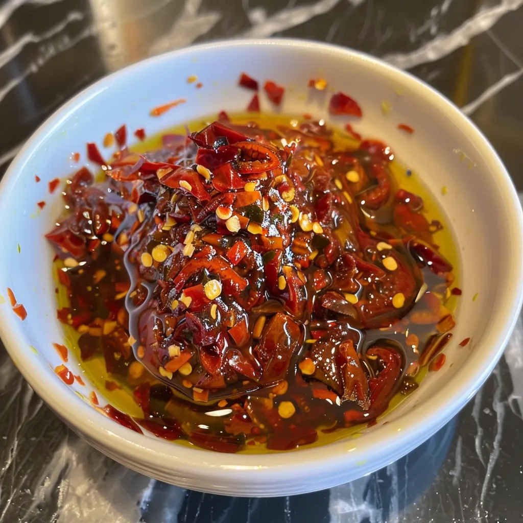 A bottle of homemade hot chili oil with chili flakes visible inside.