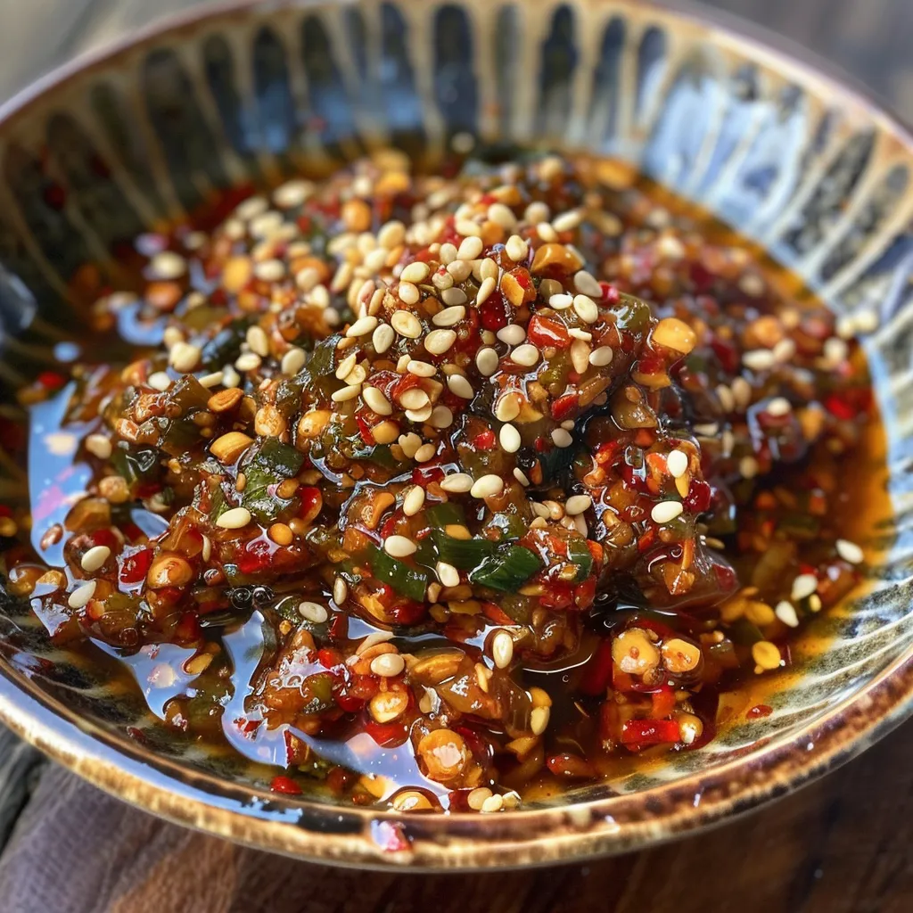 Close-up of a bowl of chili oil with sesame seeds, a white spoon resting inside.
