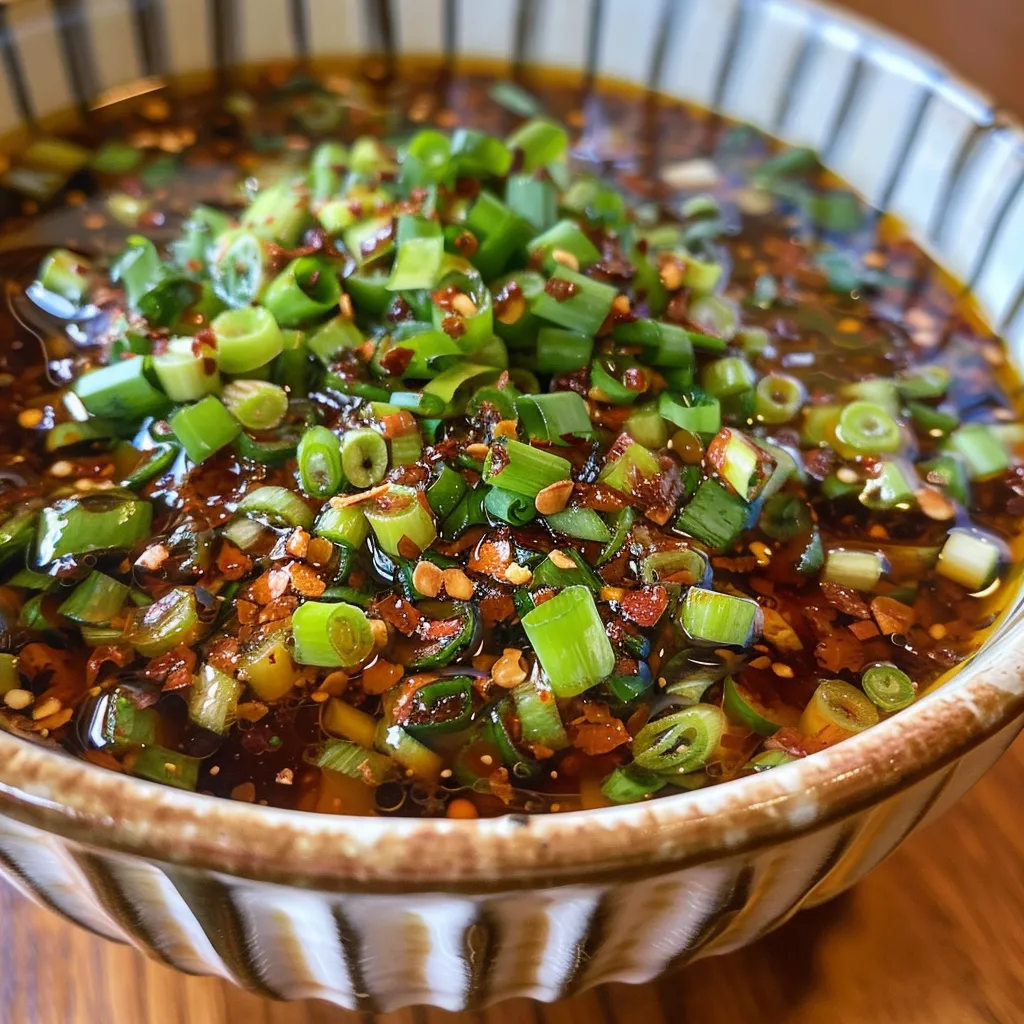 Close-up of a spoon scooping Mom's homemade chili oil from a white bowl.