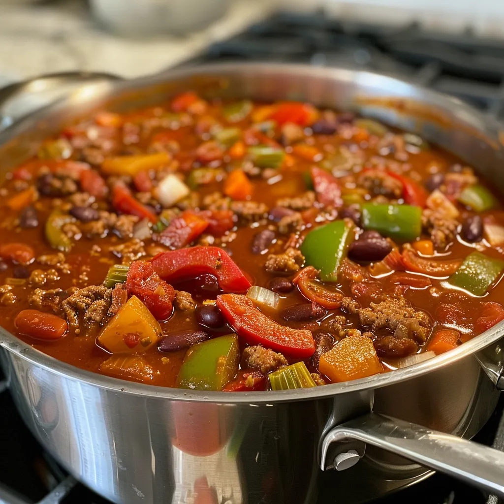 A hearty bowl of one-pot chili topped with avocado, cilantro, and onions.