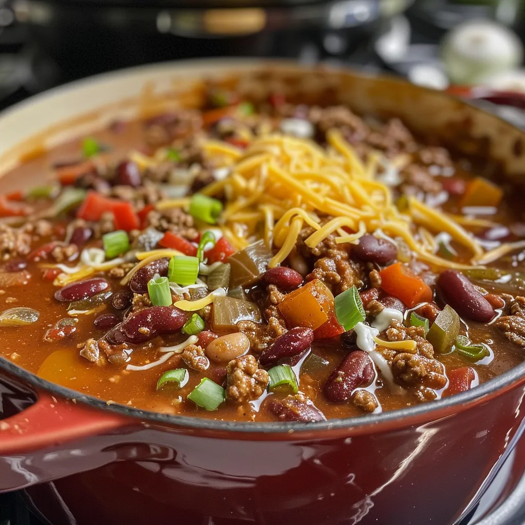 A steaming bowl of chili topped with shredded cheese and green onions, served with a side of cornbread.