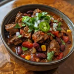 A bowl of hearty short rib and chorizo chili, garnished with sliced jalapeños.