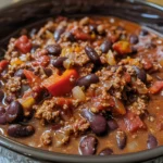 A bowl of slow cooker chili topped with sour cream and cilantro.