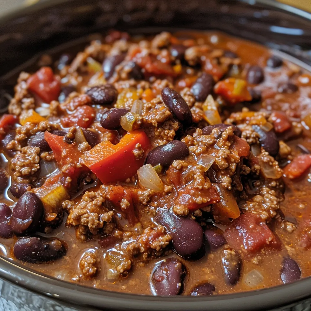 A bowl of slow cooker chili topped with sour cream and cilantro.