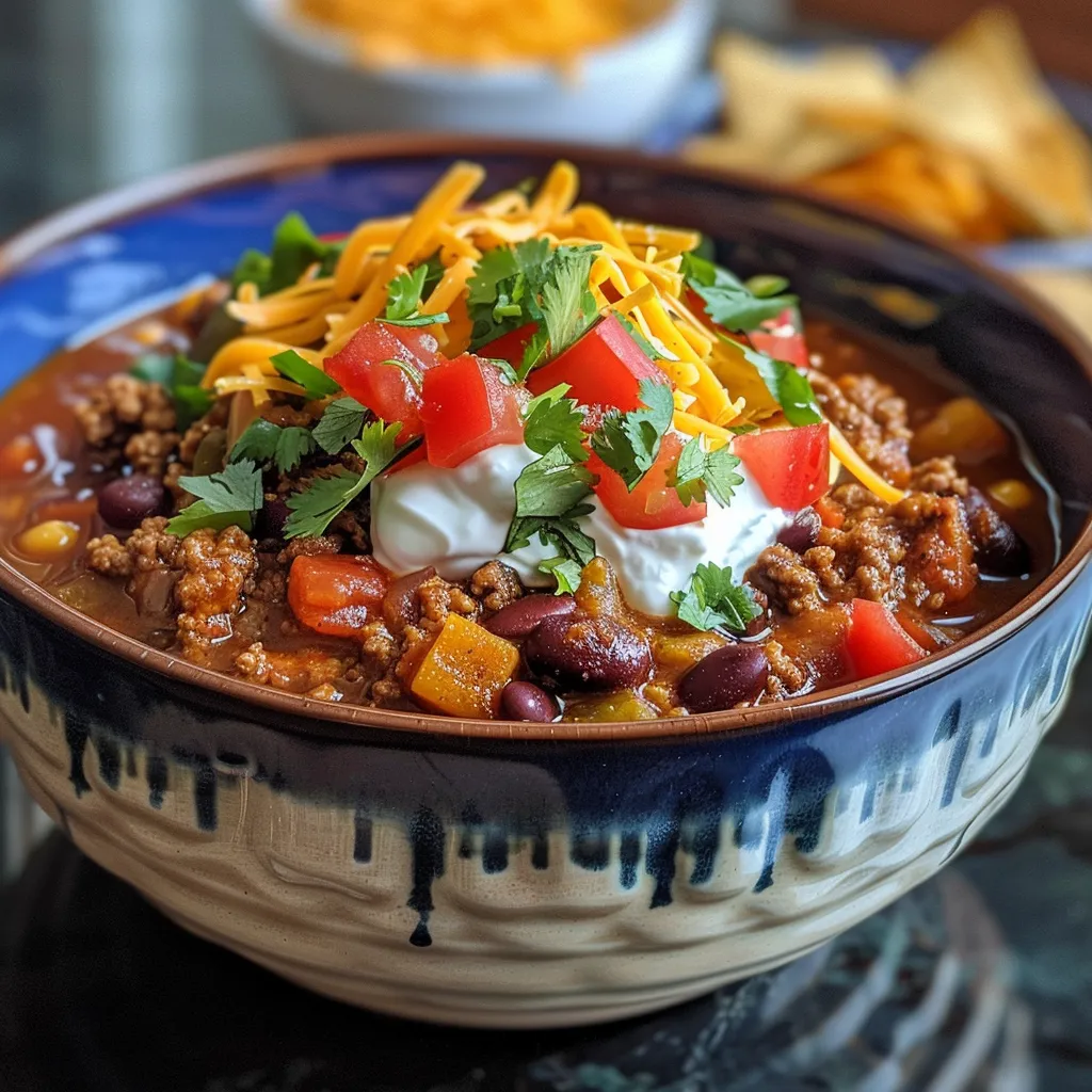 A bowl of slow cooker taco chili topped with shredded cheese, tortilla chips, and sour cream.