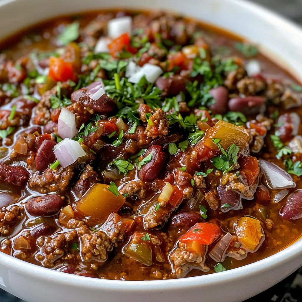 A delicious bowl of beef chili topped with avocado, sour cream, cheese, and green onions.