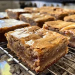 A stack of three delicious banana blondies on a plate.
