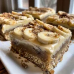 Delicious banana bread bars topped with brown butter frosting, cut into squares on a white plate.