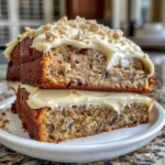 Slice of banana bread cake with cream cheese frosting and banana slices on top.