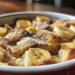A delicious slice of banana bread pudding drizzled with caramel sauce and topped with banana slices.
