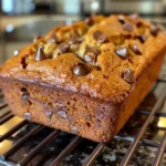 A slice of banana bread with chocolate chips on a speckled plate.