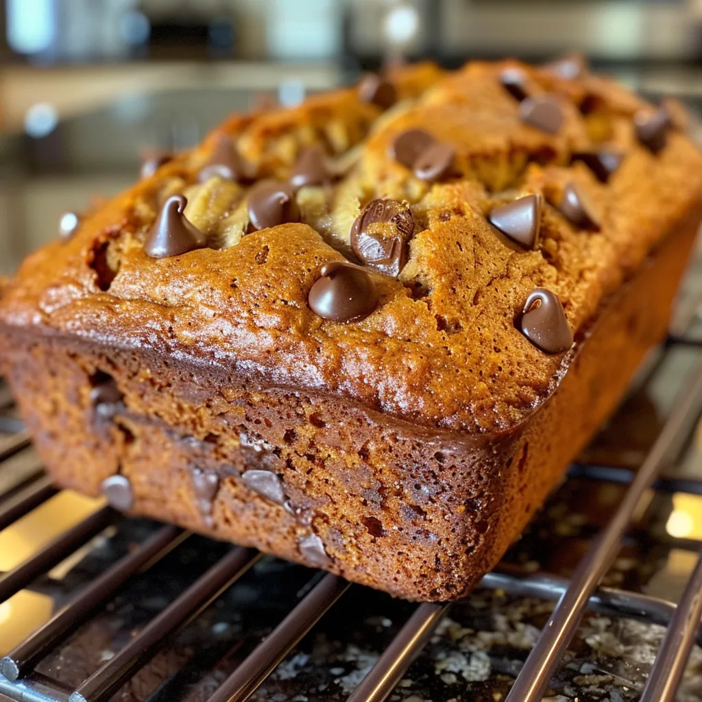 A slice of banana bread with chocolate chips on a speckled plate.