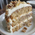 Delicious banana cake with cream cheese frosting and chopped walnuts.