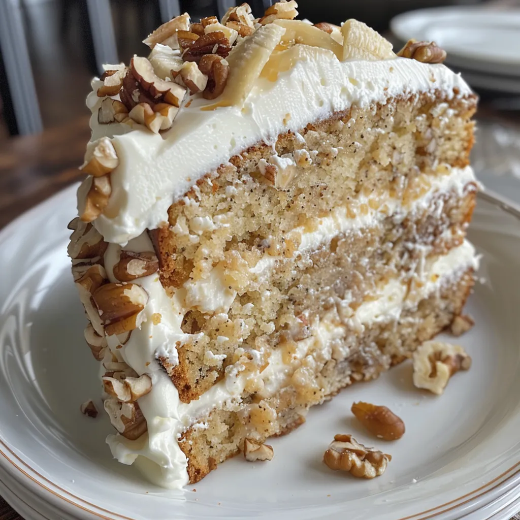 Delicious banana cake with cream cheese frosting and chopped walnuts.