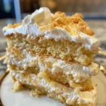 Delicious banana pudding cake with layers of vanilla cake, sliced bananas, and whipped cream, a slice removed.