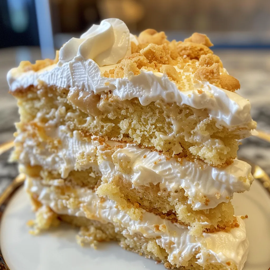 Delicious banana pudding cake with layers of vanilla cake, sliced bananas, and whipped cream, a slice removed.