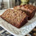 Close-up of slices of moist banana zucchini bread studded with poppy seeds.