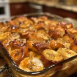 Close-up of a spoonful of Bananas Foster Bread Pudding, showing the bread pudding's texture and caramelized bananas.
