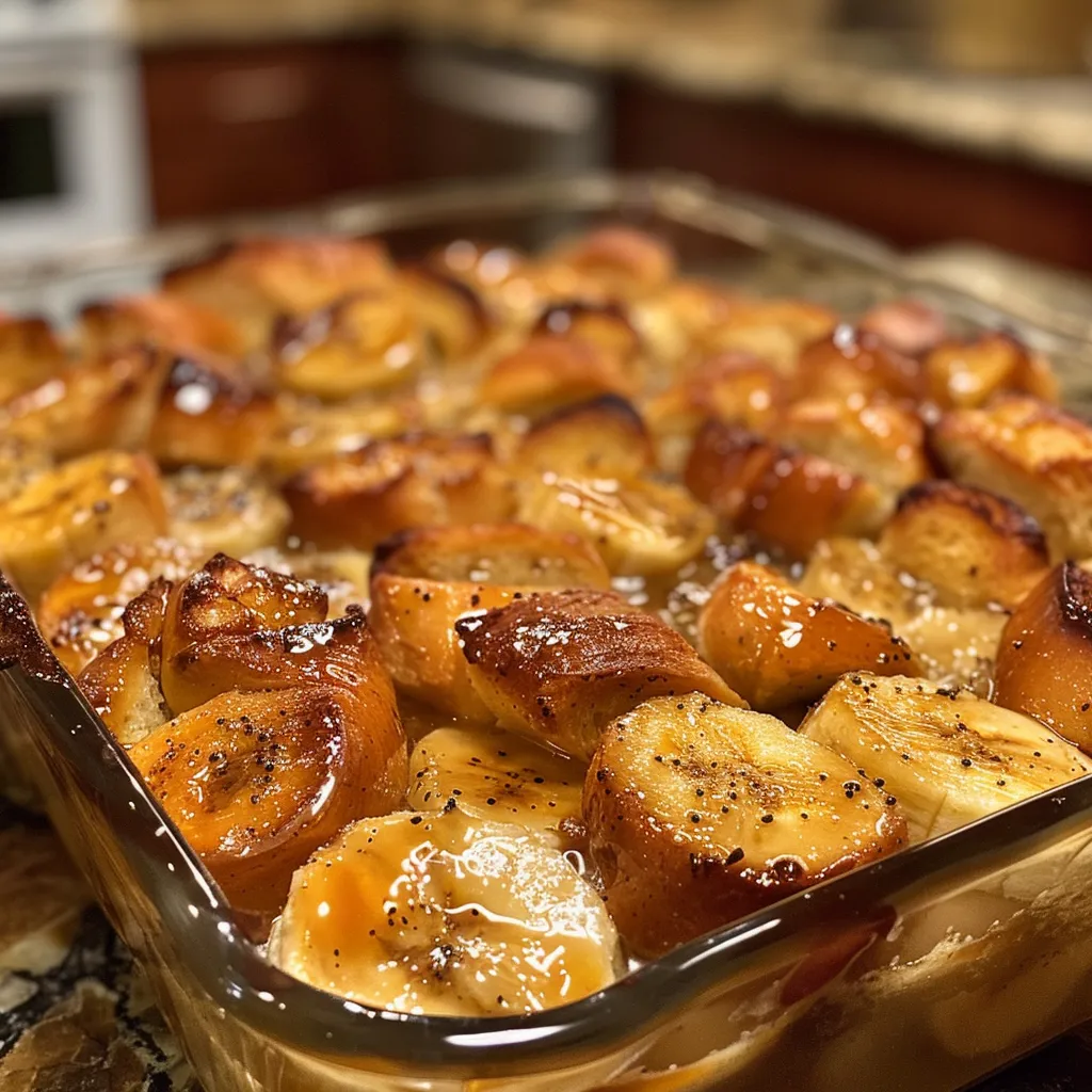 Close-up of a spoonful of Bananas Foster Bread Pudding, showing the bread pudding's texture and caramelized bananas.