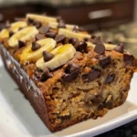 Close-up of a stack of brown butter chocolate chip banana bread slices, showing the texture and chocolate chips.