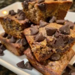 Two delicious chocolate chip banana bread muffins stacked on top of each other, one with a bite taken out.