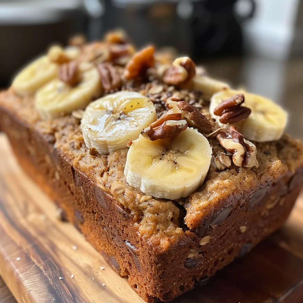 Sliced loaf of high-protein banana bread with banana slices on top.